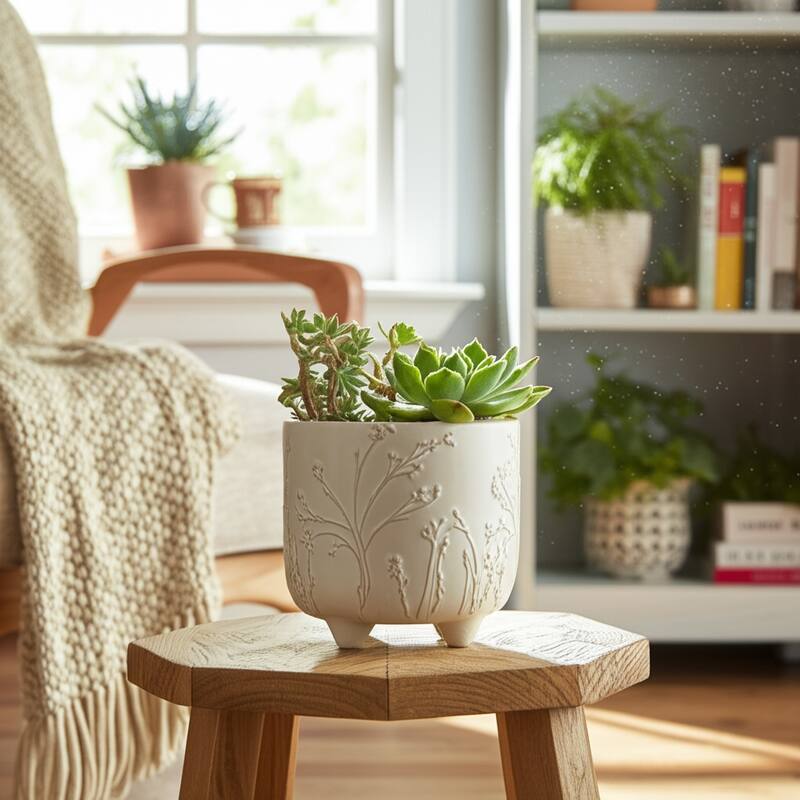 Stoneware Ceramic Planter Raised Botanical Relief Design Tripod Base