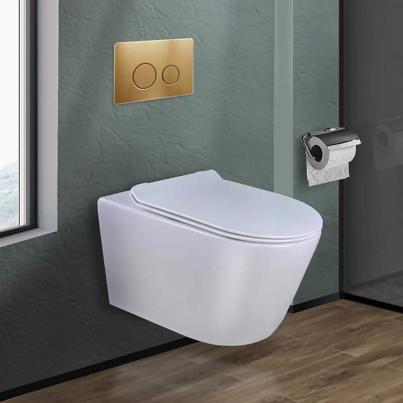 In-Wall toilet Combo Set - Toilet, Tank (2 x 6 Wall), Carrier System - Satin Brass Round - Push Plates (Metal) - White Bowl