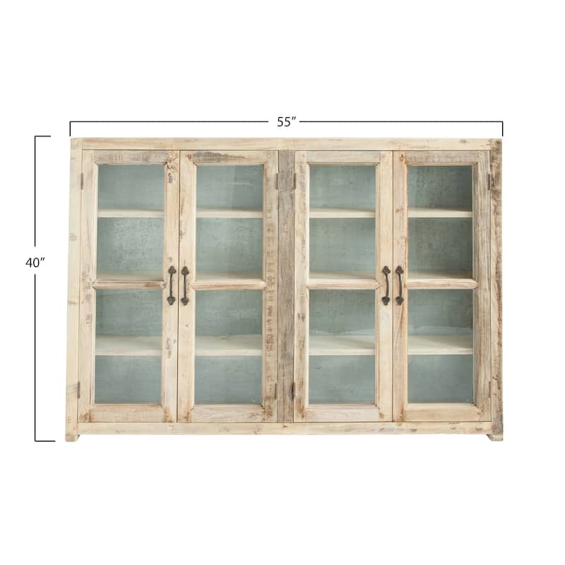 Reclaimed Wood Cabinet with 4 Glass Doors, 4 Shelves & Zinc Metal Backing (Each one will vary)
