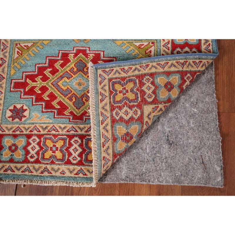 Geometric Blue Kazak Oriental Accent Rug Hand-Knotted Wool Carpet - 2'8" x 3'10"