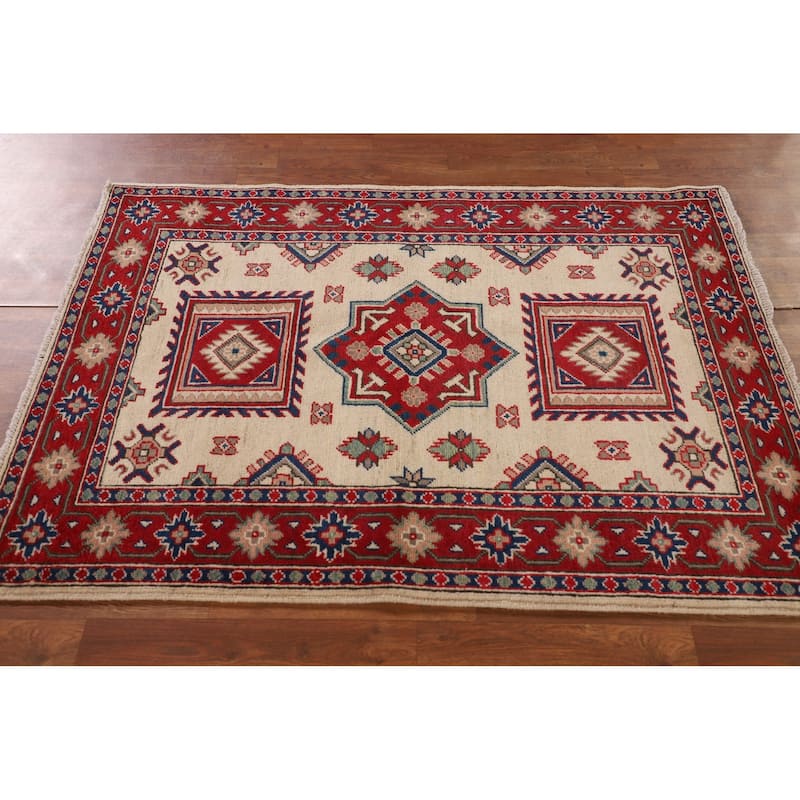 Ivory Geometric Kazak Oriental Accent Rug Hand-Knotted Wool Carpet - 3'7"x 5'0"