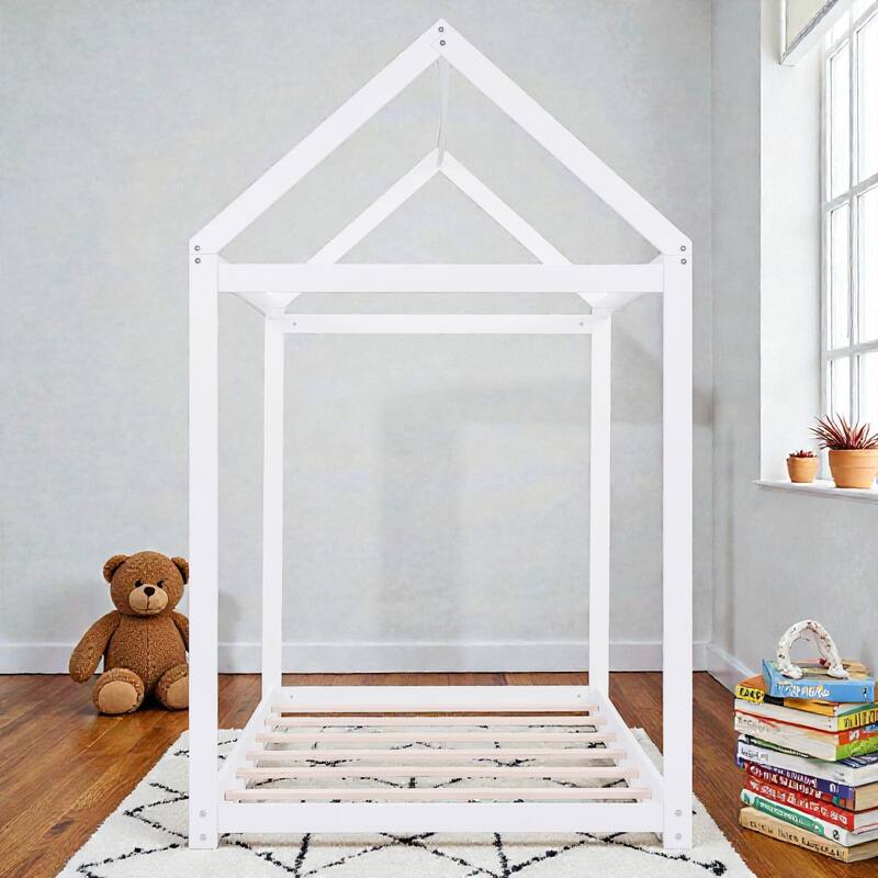 Twin Size Wooden House Bed Frame for Kids, Pine Wood Playhouse Bed with Roof Design, No Box Spring Needed
