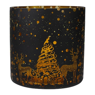 6" Black and Gold Deer and Pine Trees Flameless Glass Candle Holder