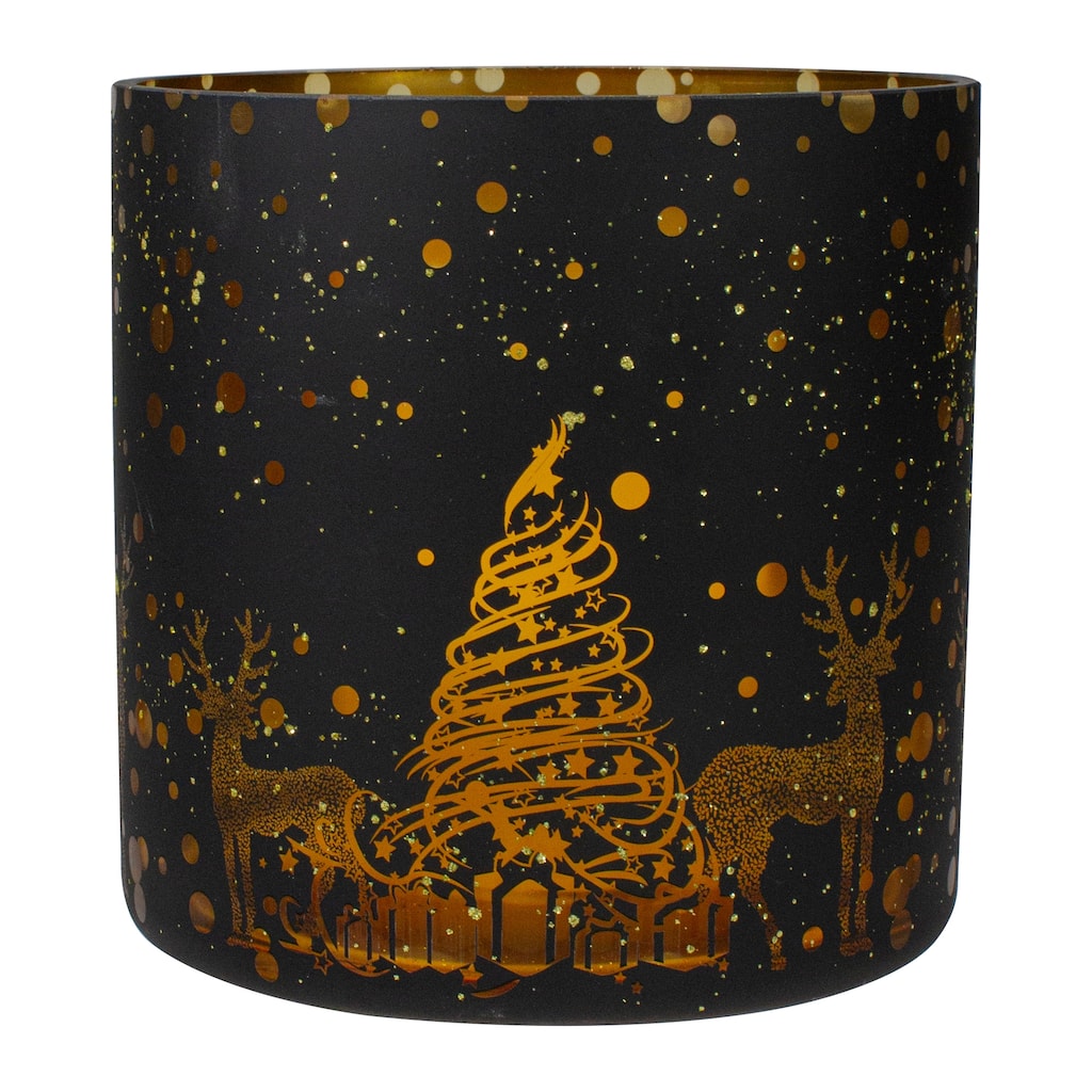 6" Black and Gold Deer and Pine Trees Flameless Glass Candle Holder