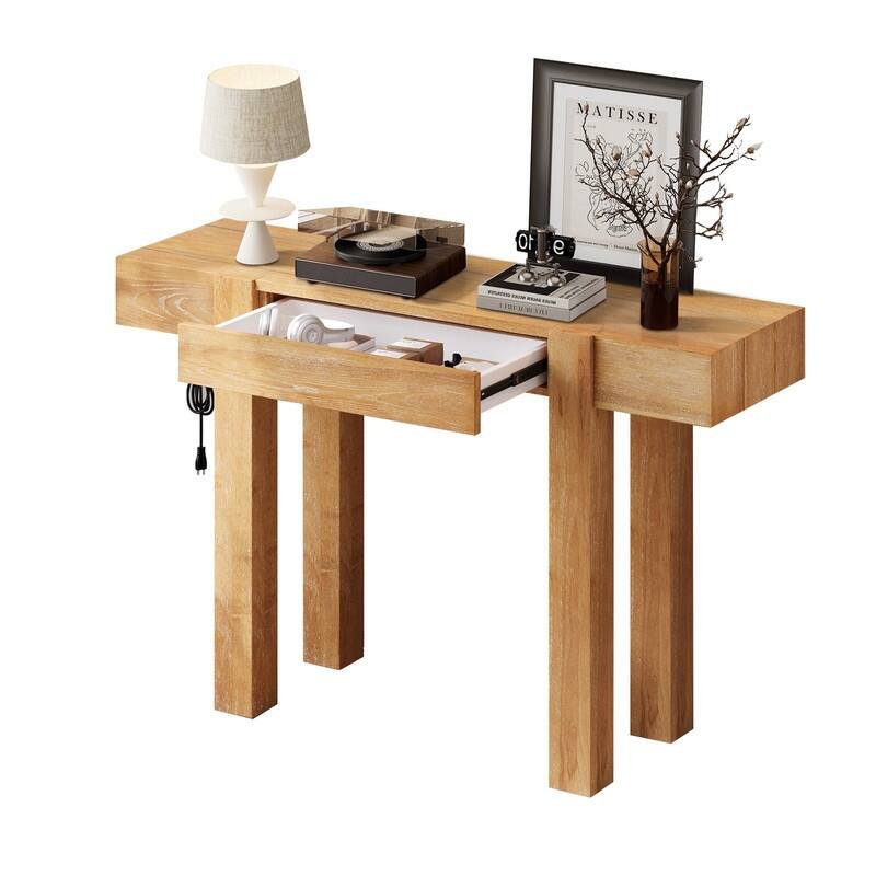 Modern 47.2" Wooden Console Table with Hidden Drawer and Side Power Outlet for Entryway or Living Room