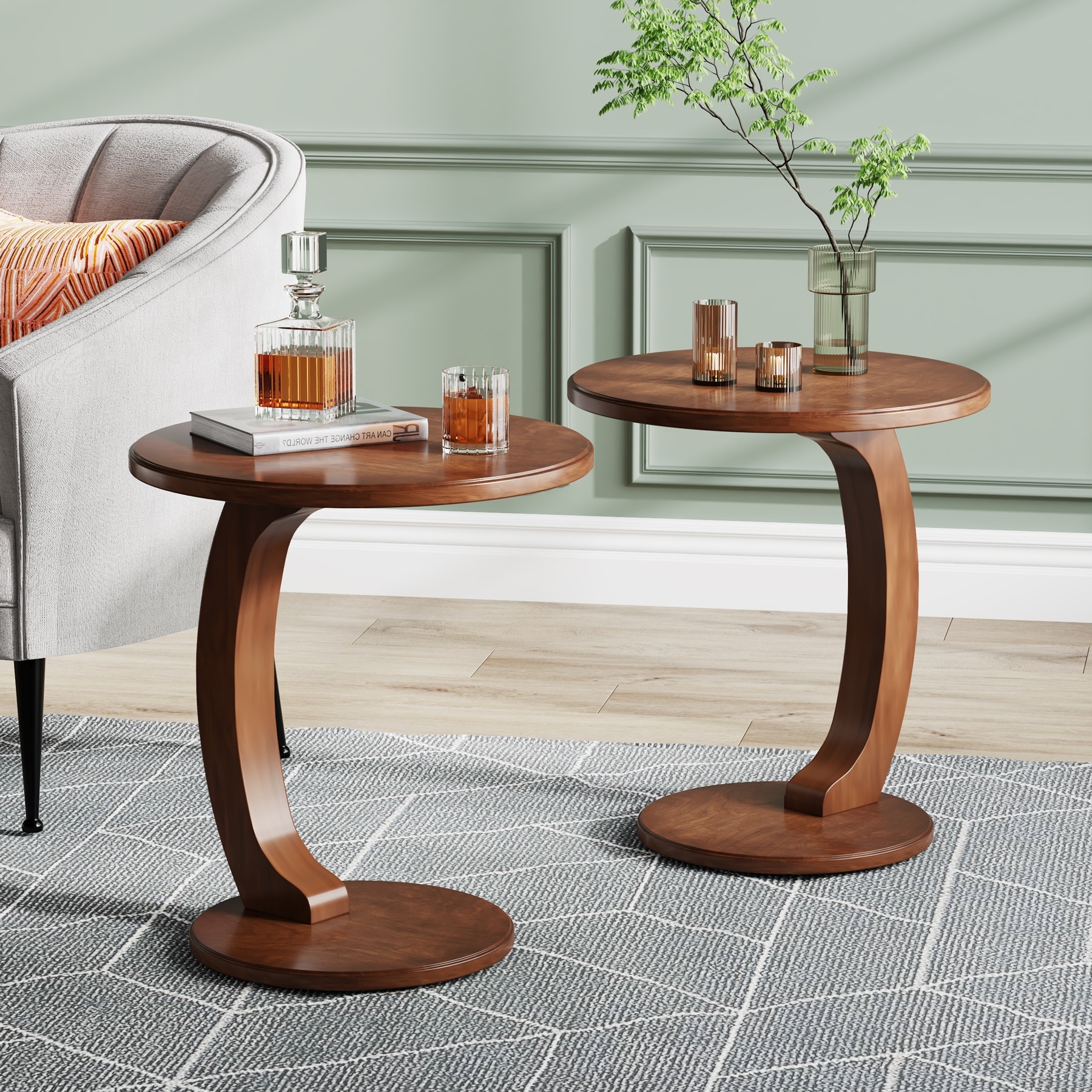 Solid Wood Round End Table Mid Century C-Shaped Side Table for