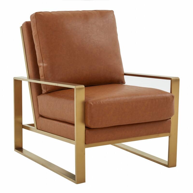 Jefferson Contemporary Leather Accent Armchair with Brushed Gold Base, Removable Cushions, and Durable Spring-Supported Seat - Cognac Tan