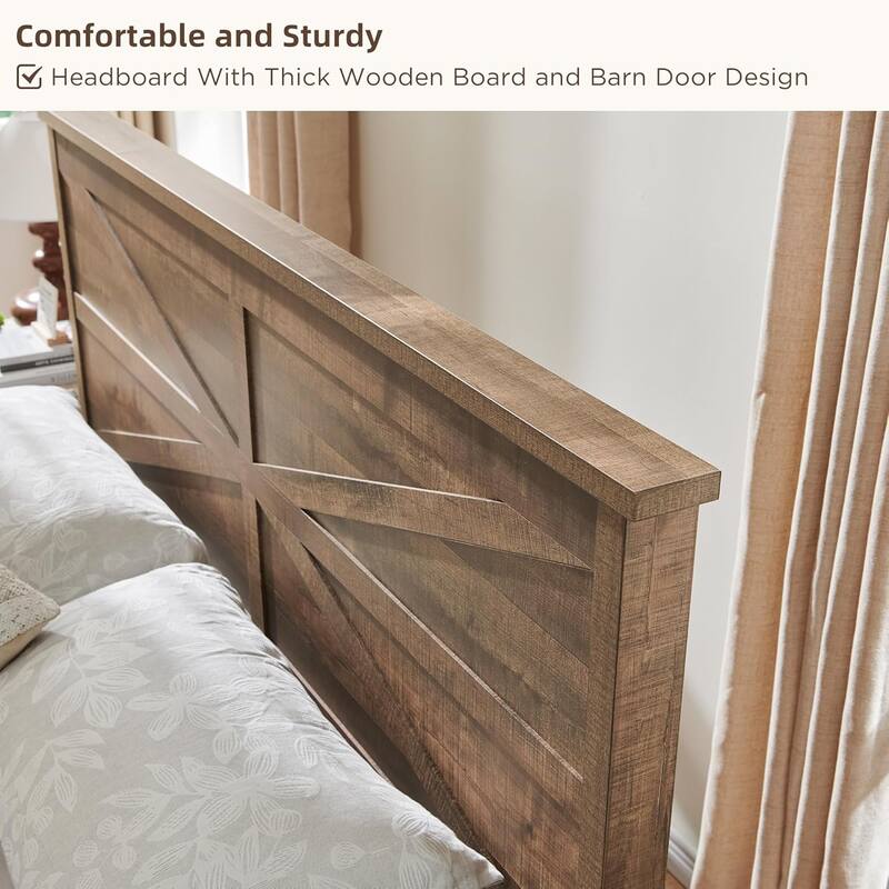 Farmhouse Queen Size Wood Bed Frame , with Cabinets and Headboard