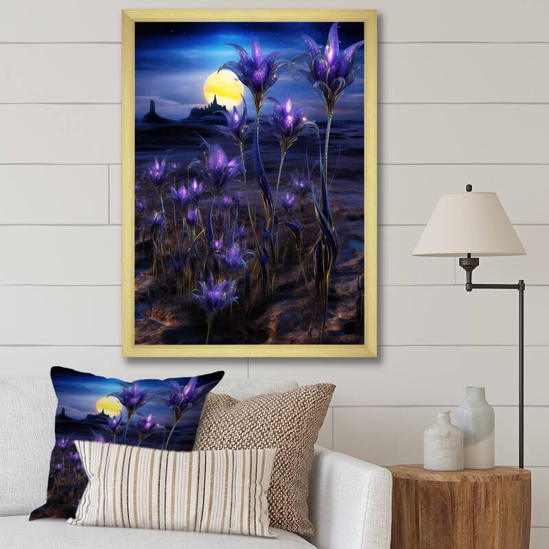Designart "Blossoming Bluebonnet Flowers In Alien Universe" Blue Bonnets Framed Canvas Prints - 34 in. wide x 44 in. high - Gold