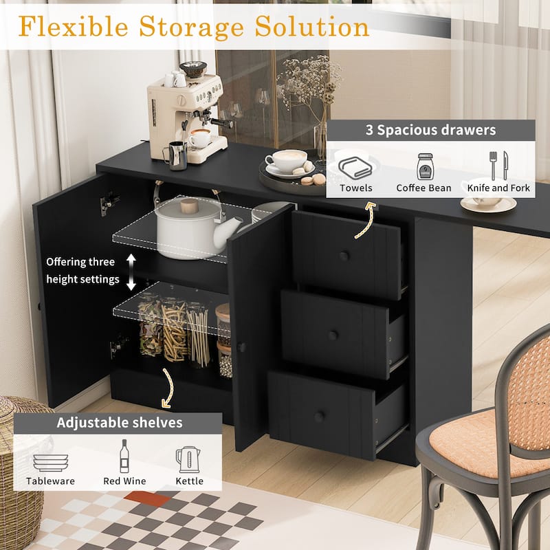 89.7" Wooden Sideboard Buffet Cabinet with Extendable Table, 2 Doors, 3 Drawers, Adjustable Shelf for Kitchen or Living Room