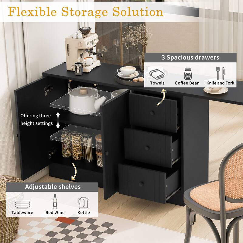 Wooden Sideboard with Extendable Table, Multifunctional Storage Cabinet with 2 Doors and 3 Drawers for Living Room