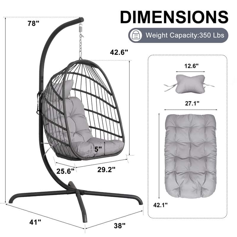 Oversized Wicker Hanging Egg Chair with Stand, Outdoor Indoor Swing Chair with Cushion, 350 lb Capacity