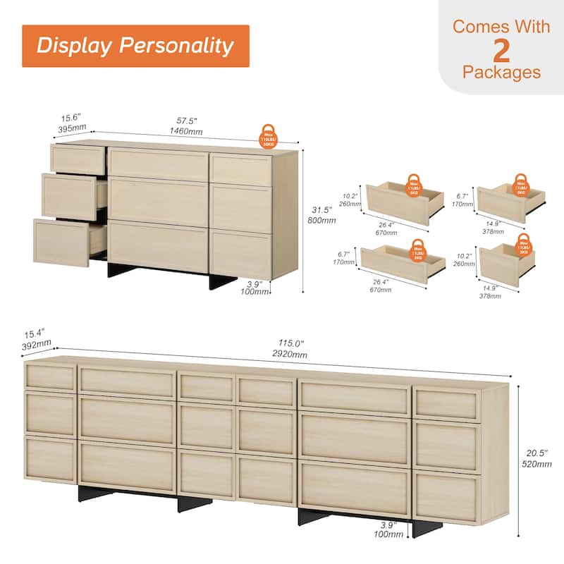 WAMPAT Modern Sideboard Buffet Cabinet with 9 Drawers, Multifunctional Sideboard with Large Storage and T-Shaped Legs