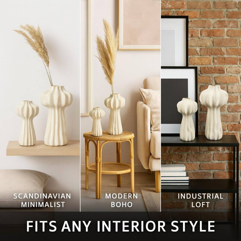 Aria Home White Cactus Inspired Ceramic Vase Set of 2 for Modern Decor