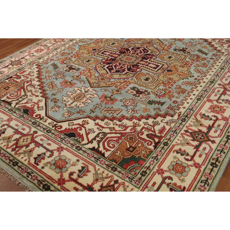 Hand Knotted Oriental 100% Wool Carpet Traditional Medallion Navy Blue & Blues Heriz (serapi) Area Rug - 9' 11'' X 7' 10''