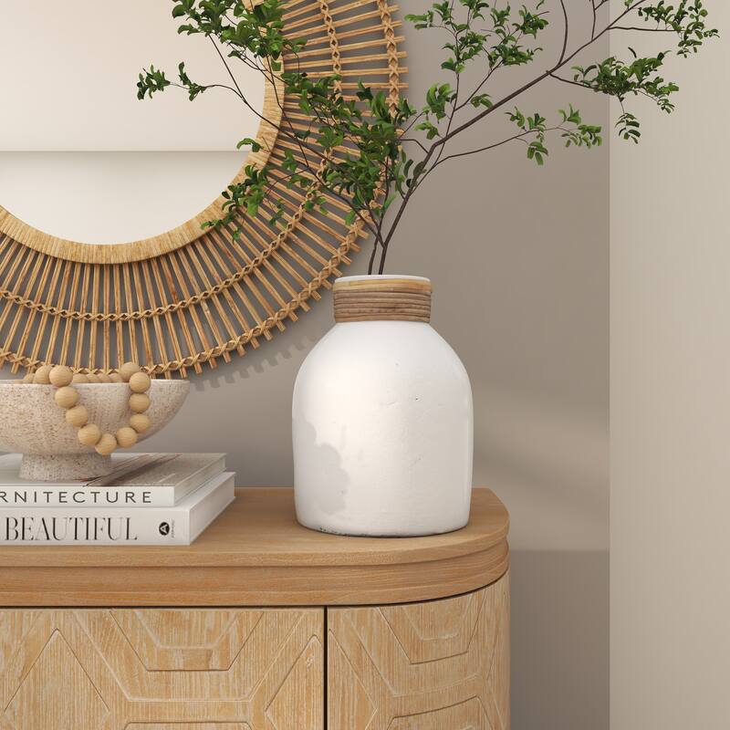 White Ceramic Decorative Vase with Wrapped Rattan Detailing