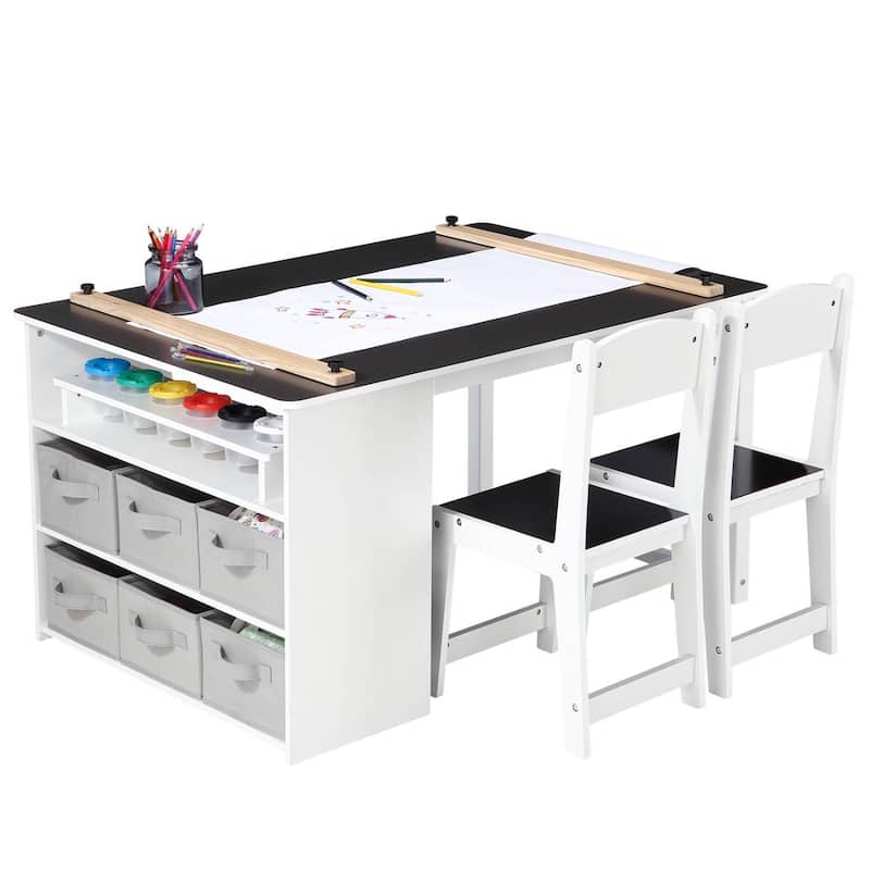 Kids Art Table and Drawing Desk with Large Storage - Black+White