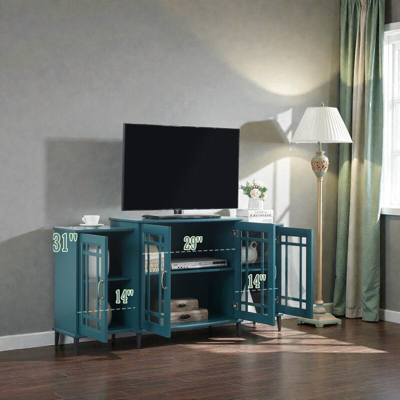 62" Modern TV Stand with Glass Door Cabinets, Buffet Sideboard with Adjustable Shelves & Cable Management