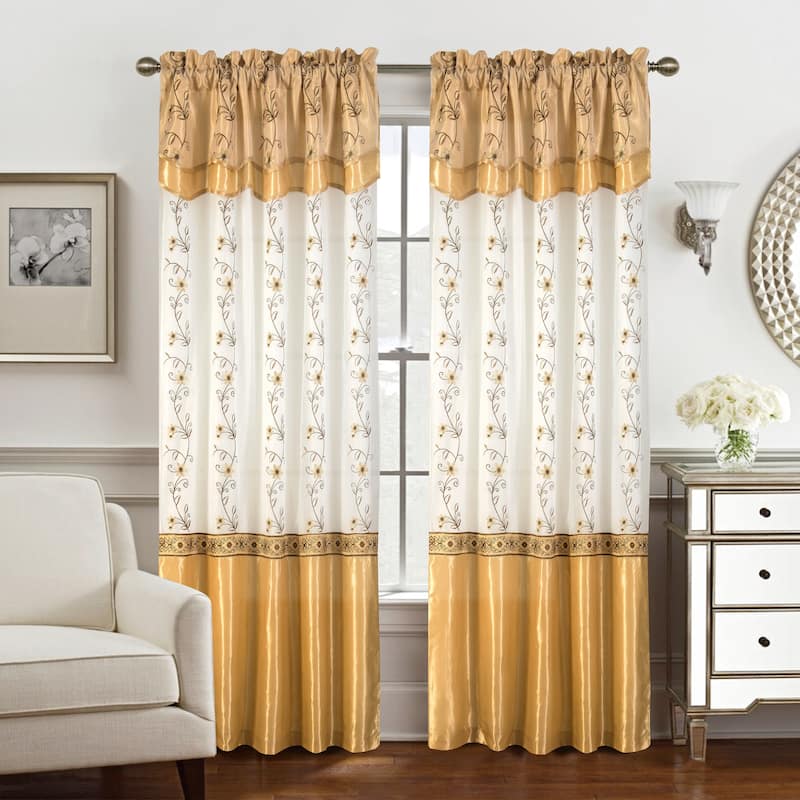 Priscilla Embroidered Window Curtain with Double Valance 90" - Gold