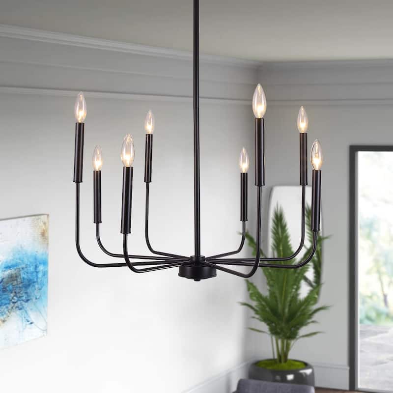 8-Light Minimalist Black Metal Candle Style Chandelier 25in