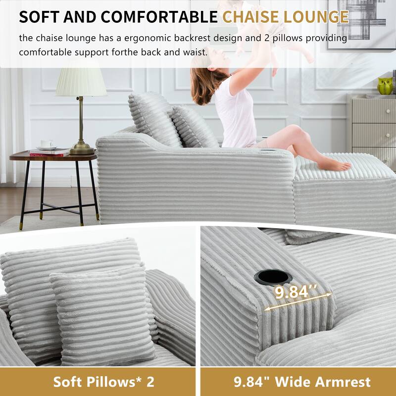 Roomfitters 67" Oversized Chaise Lounge, Corduroy Boneless Sleeper Sofa with Integrated Cup Holders