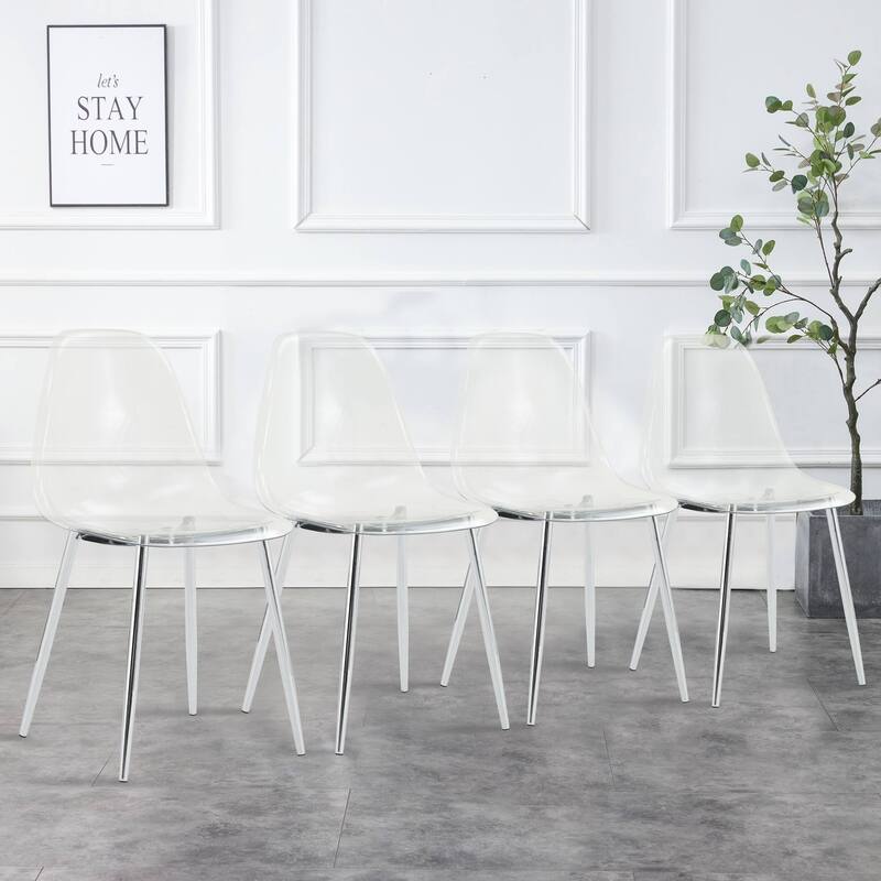Roomfitters Transparent Plastic Dining Chairs with Silver Metal Legs, Armless Crystal Style Makeup or Office Set of 6