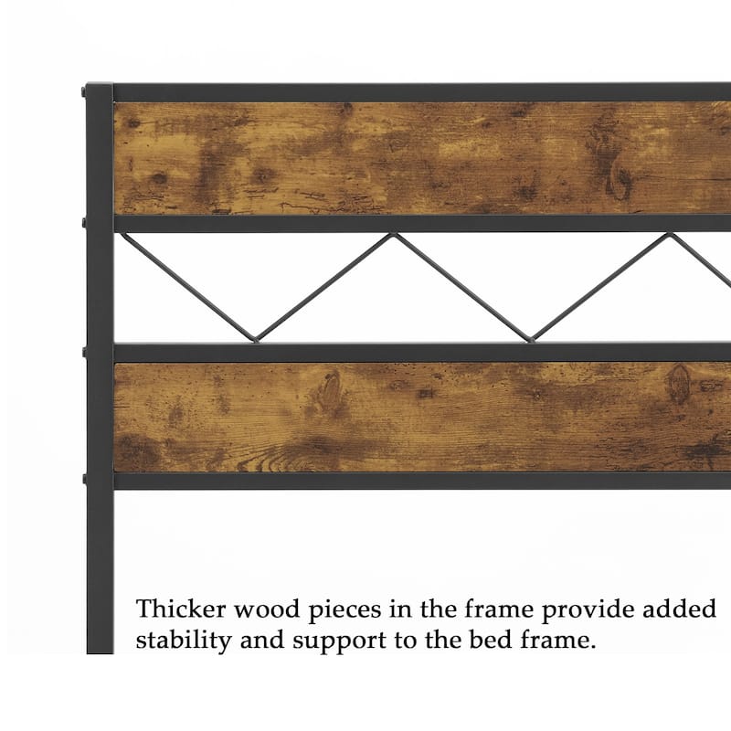 Metal Bed Frame with Brown Wooden Headboard, No Box Spring Needed