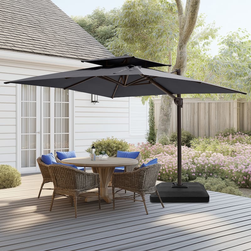 9 FT x 12 FT Outdoor Patio Dual Top Umbrella Cantilever Offset with Premium Base