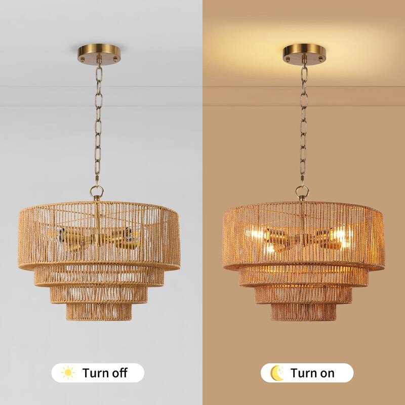 4-Light Dimmable Hand-Woven Rattan Tiered Chandelier