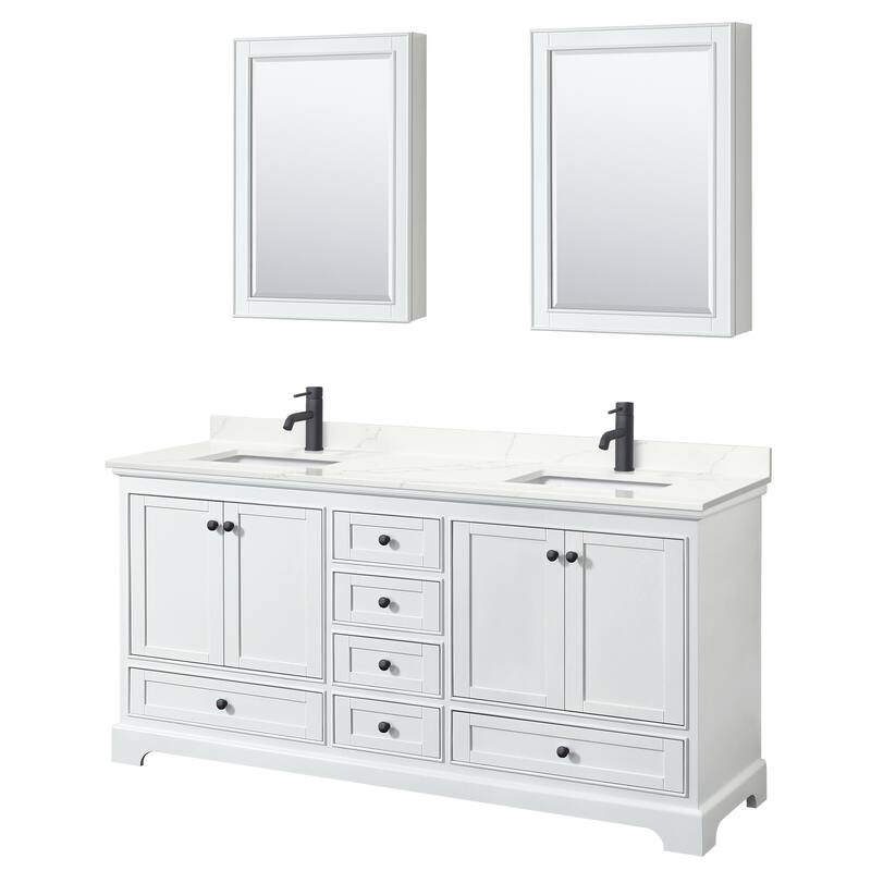 Deborah 72-inch Double Vanity, Quartz Top, Medicine Cabinets - White, Black Trim, Giotto Quartz Top