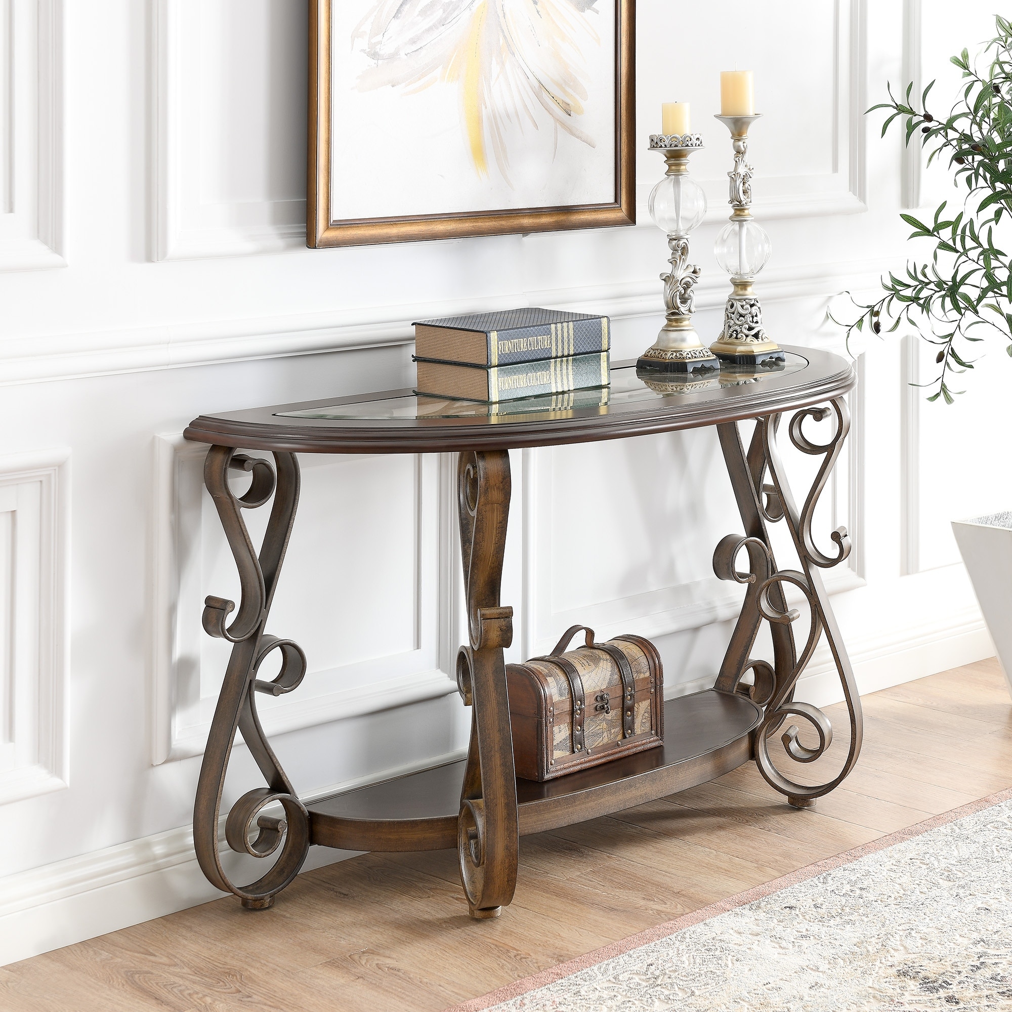 CTEX Console Table with Glass Table Top and Powder Coat Finish Metal Legs,Dark Brown