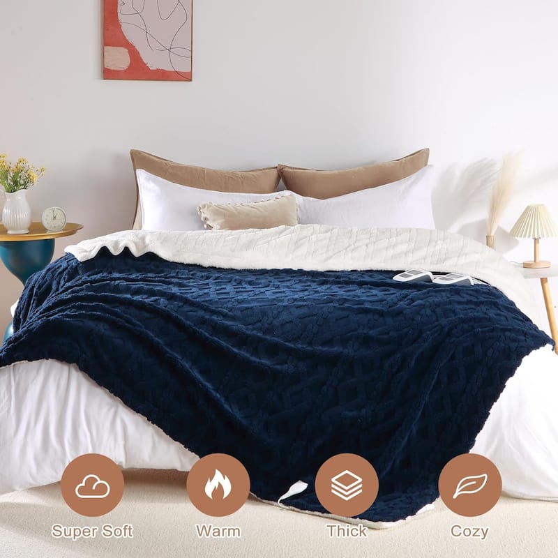 Heated Throw Blanket - Thick Tufted Sherpa Electric Blanket Throw with 10 Heating Levels and 10 Time Settings
