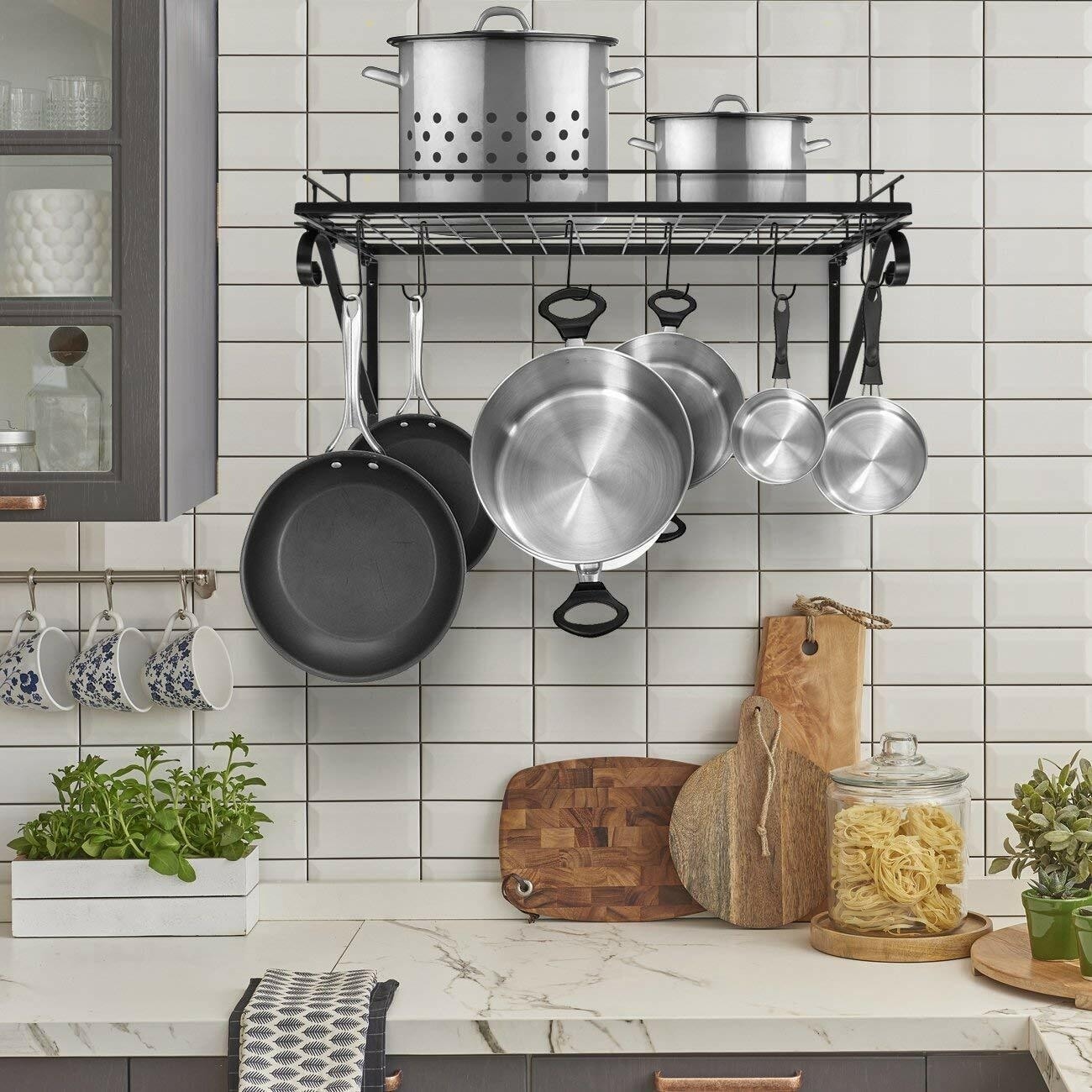 Wall Mounted Kitchen Pot Rack with Hooks Black