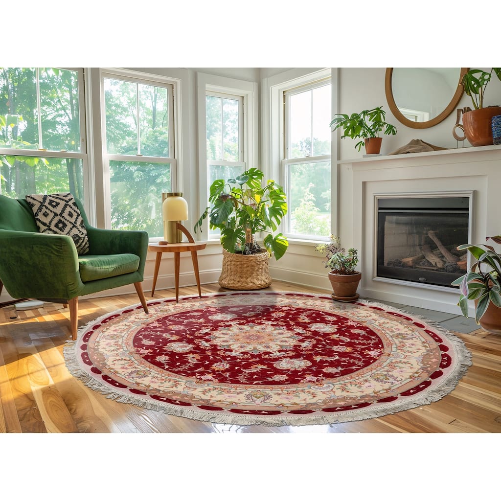 5'0''x5'0" Weave Tabrizz-Round Medallion Red Wool Rug - 5' x 5' -Round