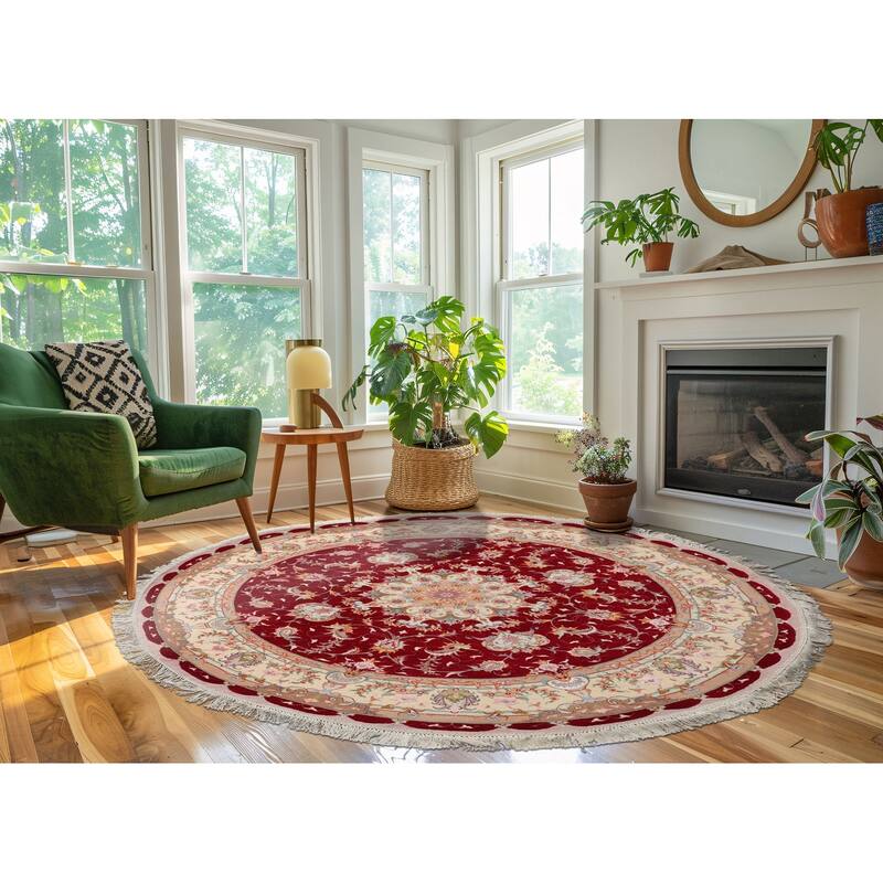 5'0''x5'0" Weave Tabrizz-Round Medallion Red Wool Rug - 5' x 5' -Round
