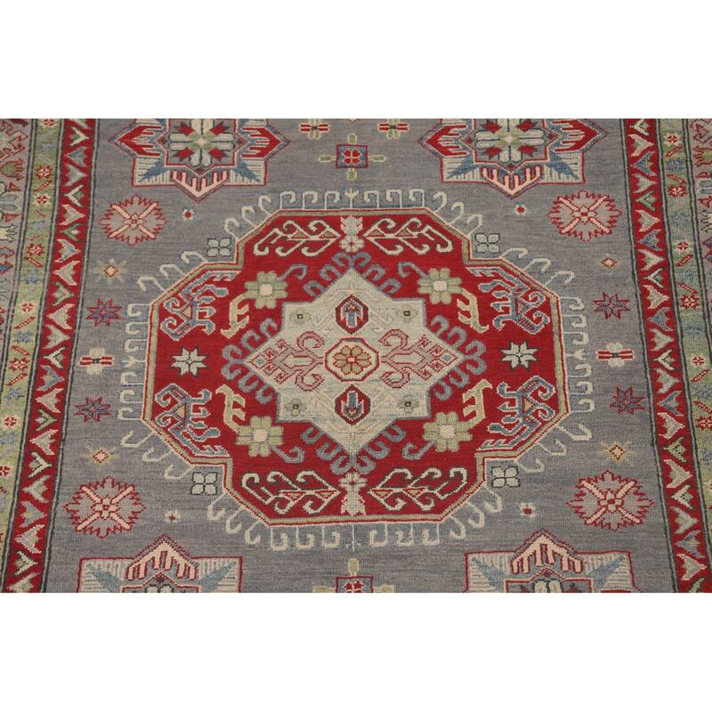 Gray Geometric Kazak Oriental Area Rug Handmade Wool Carpet - 5'7" x 7'11"
