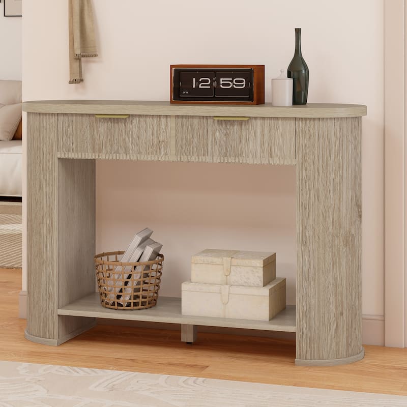 Moasis 2-Tier Narrow Fluted Console Table Sofa Side Table with Drawers - Oak/47"