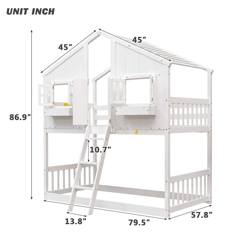Charming Twin Over Twin House Bunk Bed with Ladder, Roof, and Safety Guardrails - Ideal for Kids' Rooms
