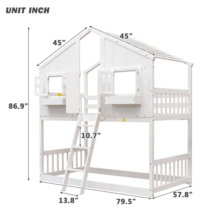 Twin Over Twin Wooden House Bunk Bed with Roof, Windows, Door, and Ladder, Kids Playhouse Bed with Guardrails