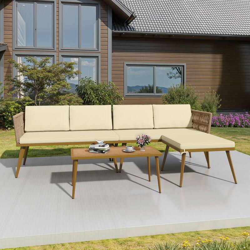 Moasis 4 Pieces Patio Conversation Set Sectional L-Shaped Sofa with Cushions and Side Table - Beige