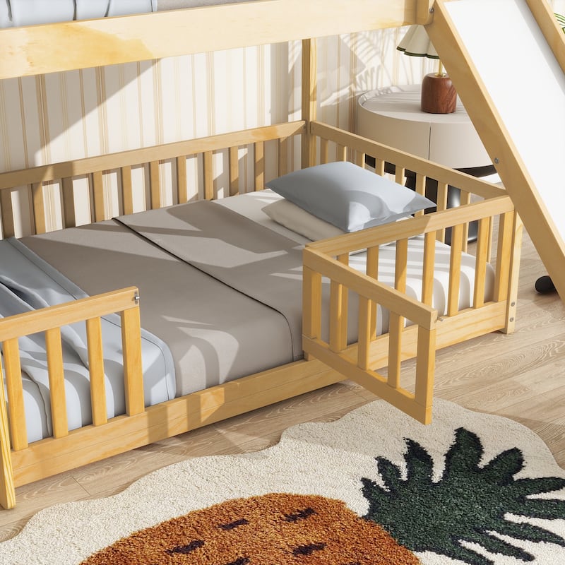 Twin Over Twin Floor Bunk Bed with Slide and Convertible 3-Way Design Safety Door & Guardrails (250lb Capacity)
