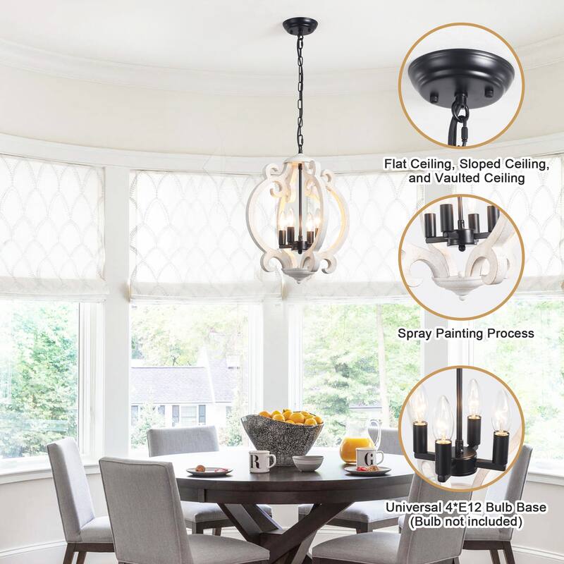 4-Light Antique Wood French Country Chandelier Vintage Pendant for Dining Room