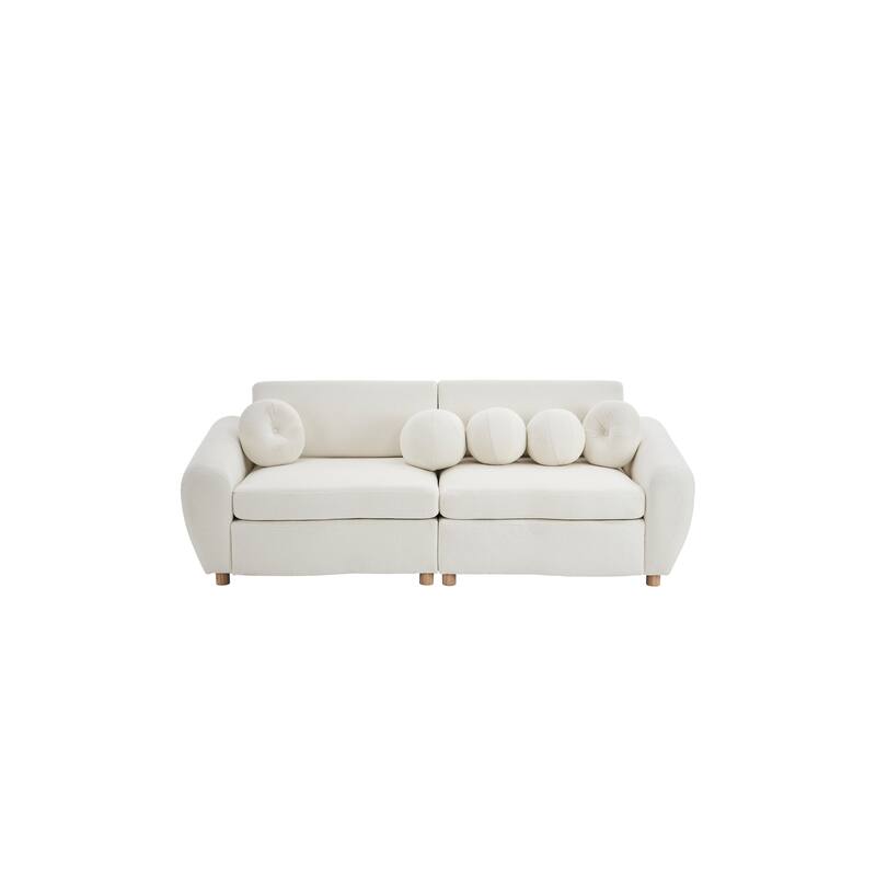 2-seater Loveseat Couch with 5 Toss Pillows and Solid Wood Legs, Chenille Upholstered Sectional Sofa, Easy Assembly,White
