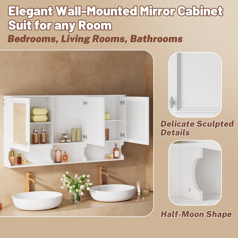 55 Inch Mirrored Medicine Cabinet with Open Shelves, Wall Mounted Bathroom Storage Cabinet with Doors