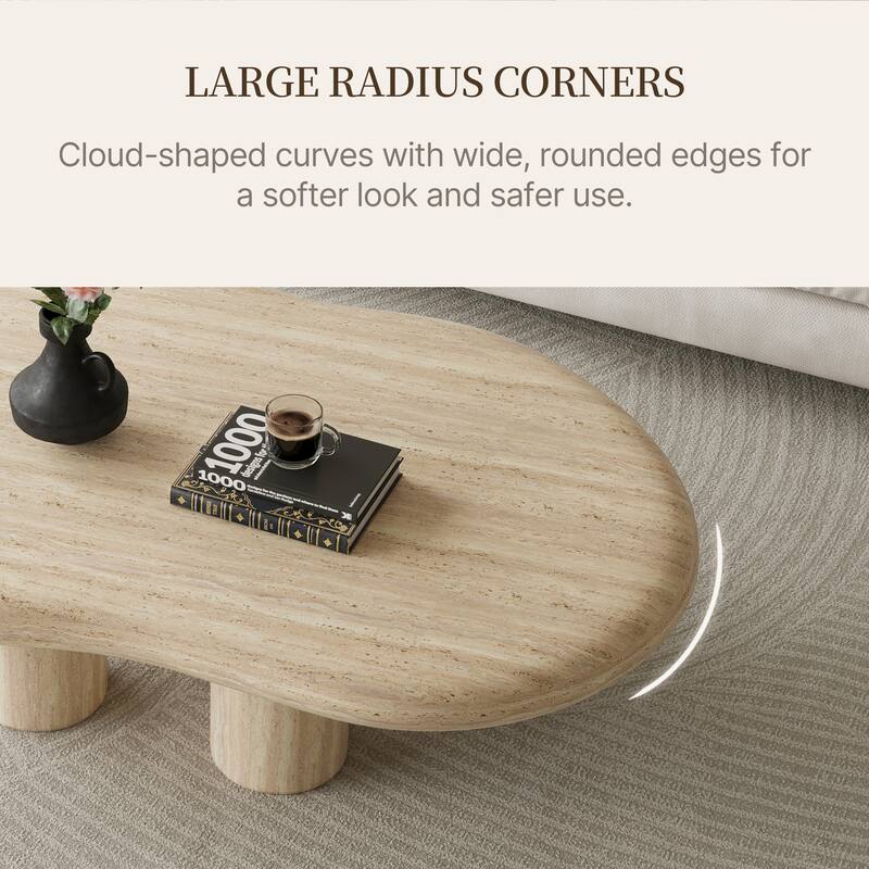 47" Modern Cloud Shaped Coffee Table, Premium Wood with travertine texture,Beige