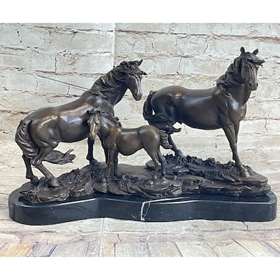 Signed Mene Horse Family Bronze Sculpture Art Deco Marble Base Figurine Figure