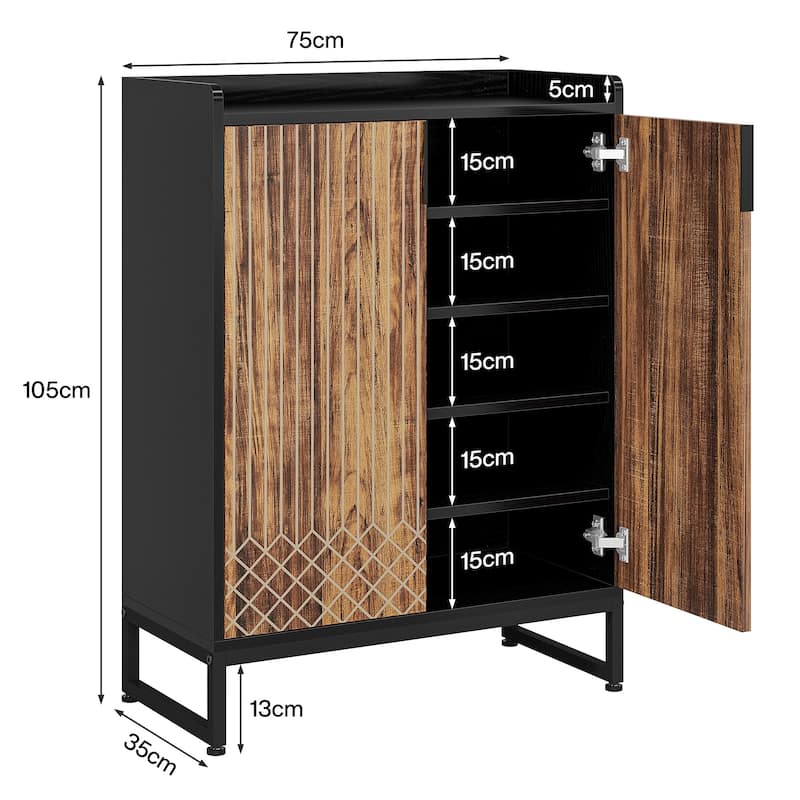 29" Brown & Black Shoe Cabinet with Doors, 5 Tiers