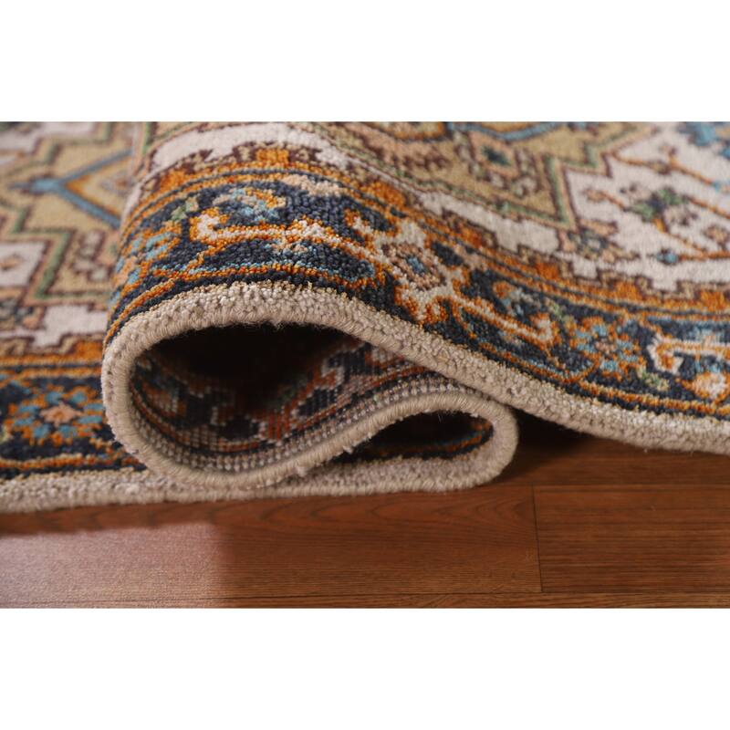 Geometric Beige Heriz Serapi Runner Rug Hand-Knotted Wool Carpet - 2'5"x 8'1"