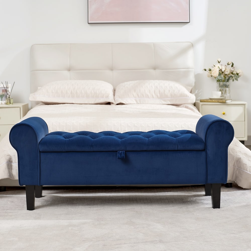 Velvet Storage Bench With Rubber Wood Legs for Bedroom
