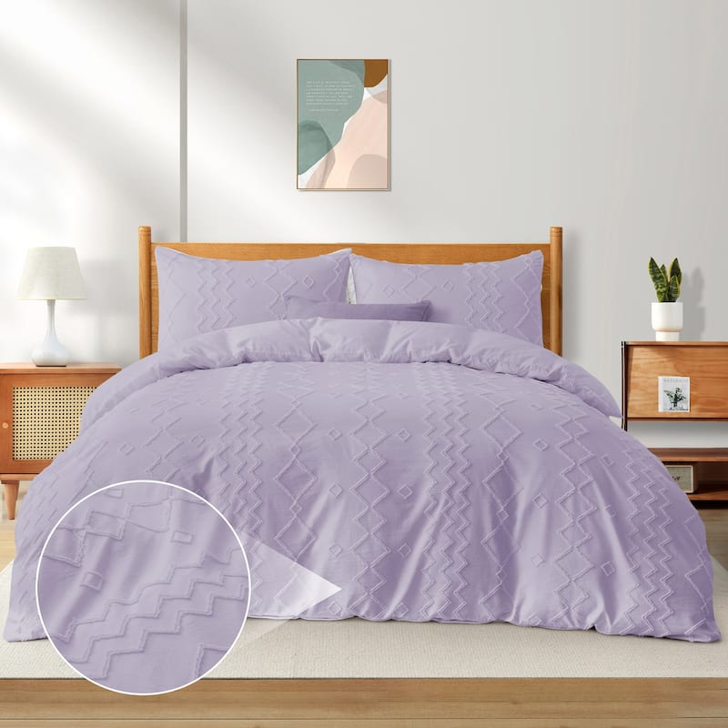 Bohemian Clipped Duvet Cover Set with Zipper Closure - Purple/Diamond - King